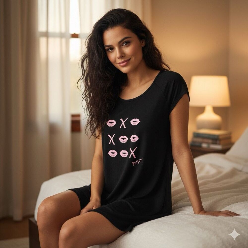 Betsey Johnson XOXO Nightgown Night Shirt Black Pink Lipstick Size S Stretchy